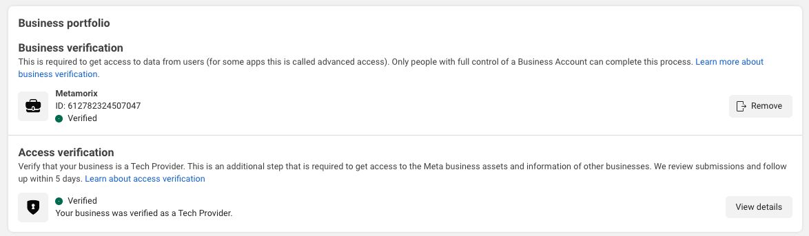 Botyoo's business verified as a Meta Tech Provider in Meta Business Manager: business verification confirmed with Portfolio ID 612782324507047, and access verification reading 'Your business was verified as a Tech Provider.'