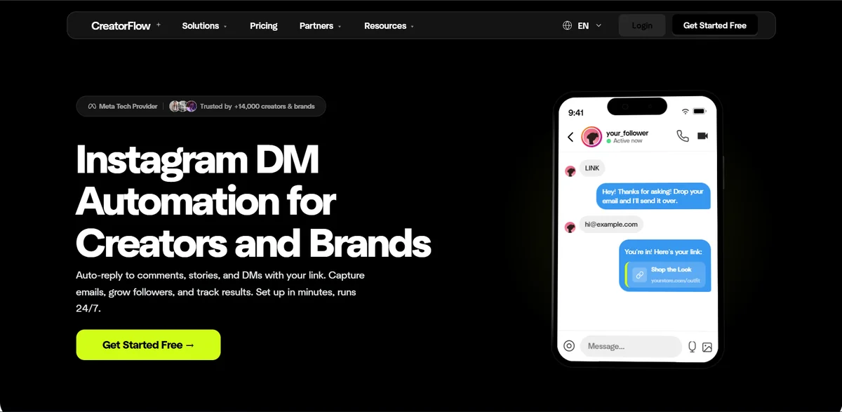 CreatorFlow, flat-rate Instagram DM tool with email capture at $15/mo