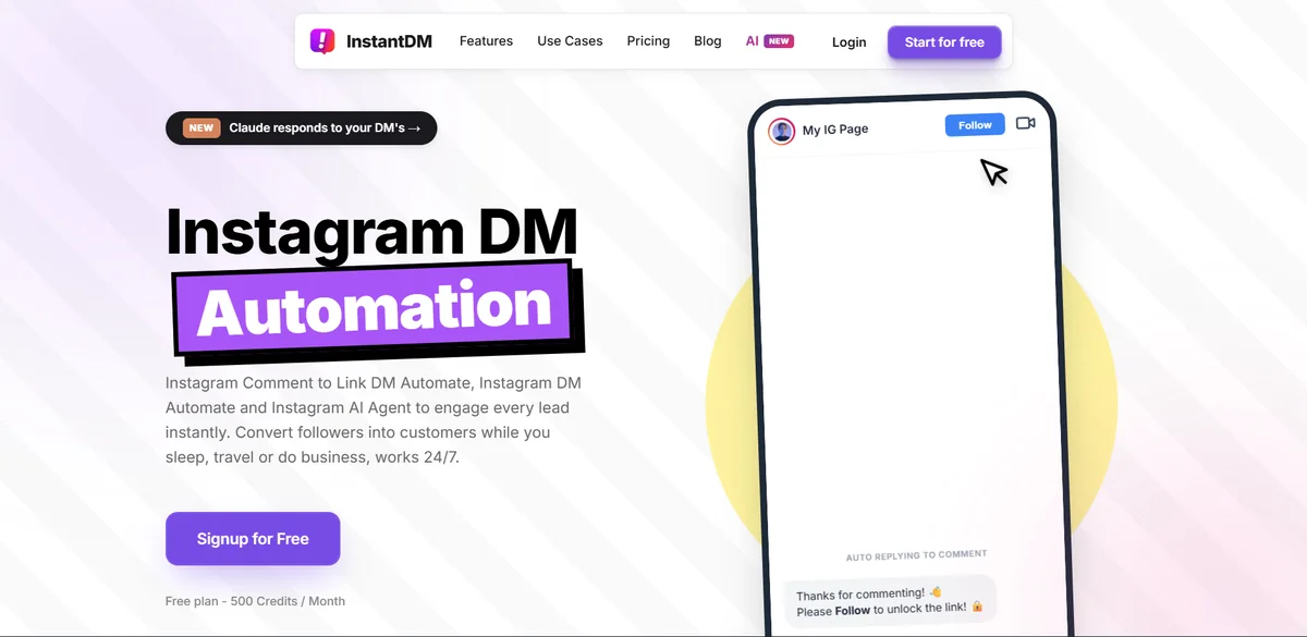 InstantDM, flat-rate Instagram DM automation at $9.99/mo