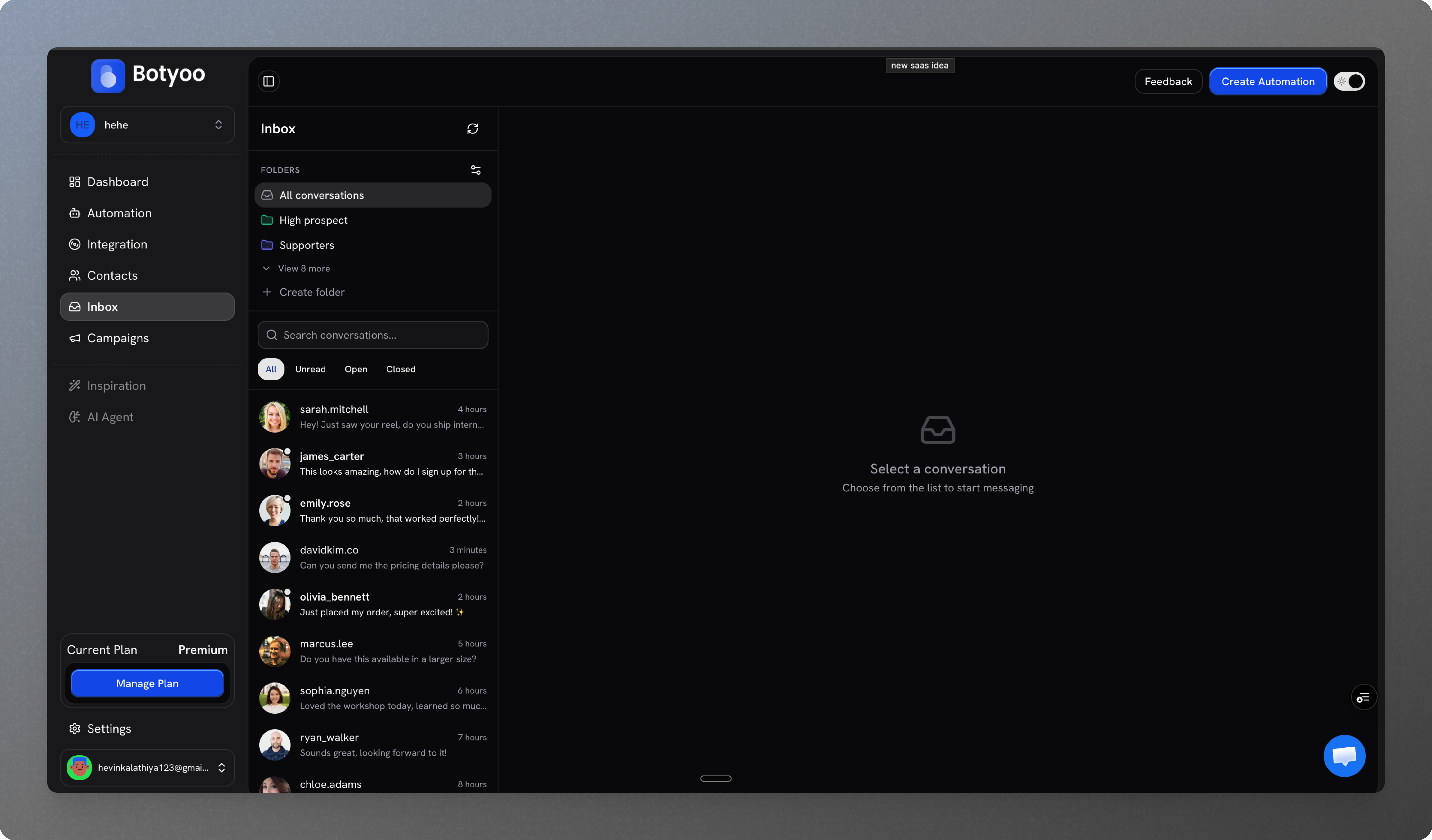 Botyoo inbox with contacts and conversations